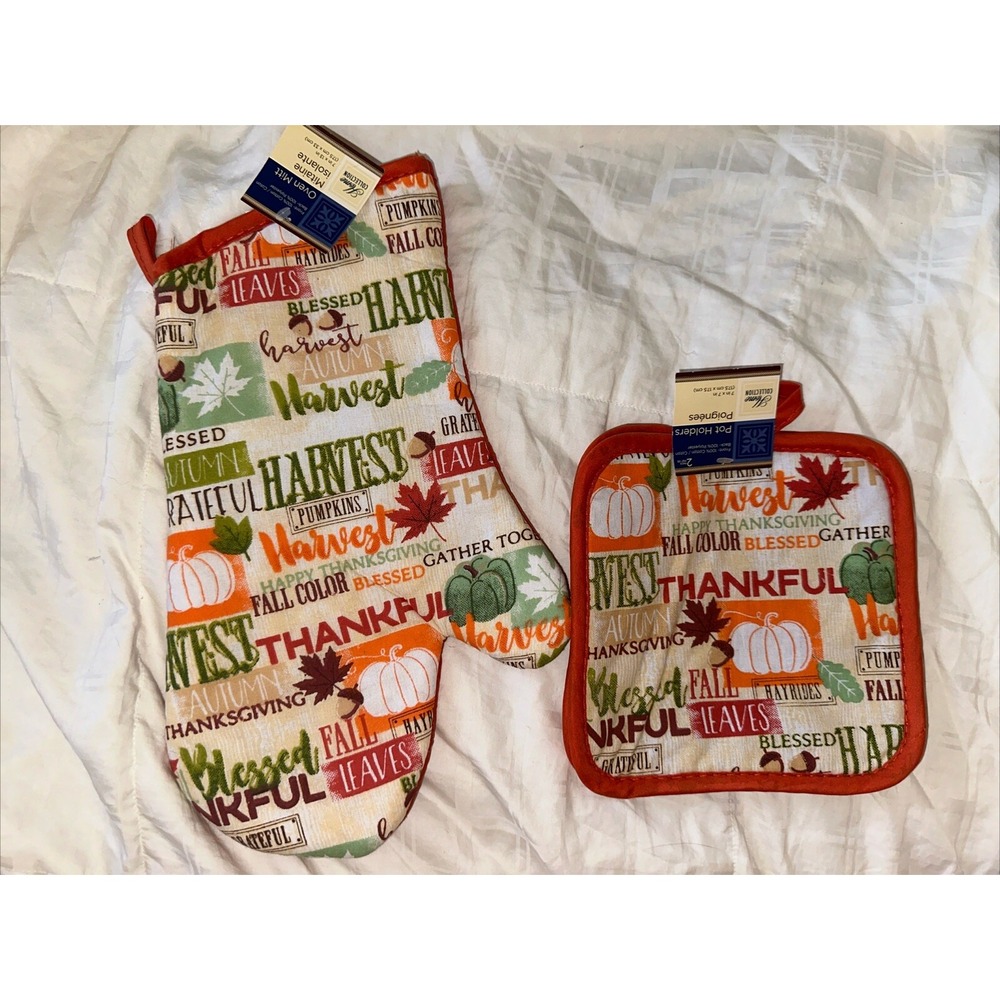 Home Collection Harvest Thanksgiving Oven Mitt and Pot Holder Set Orange Autumn